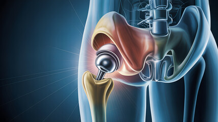 Close up medical illustration of a hip replacement implant in a human pelvis