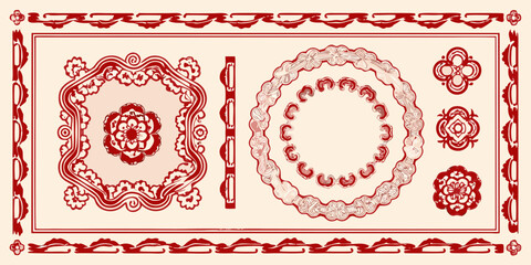Collection of ornate red decorative borders and floral elements on a cream background