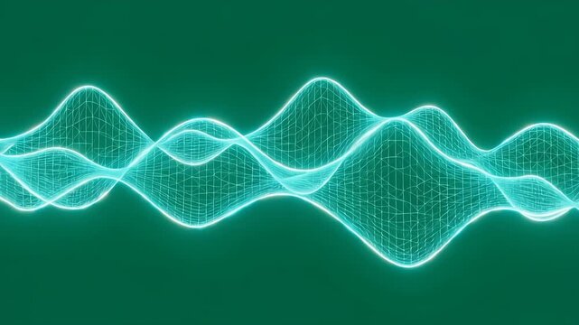 Vibrant Waves: A mesmerizing abstract illustration of radiant cyan waves undulate against a deep green backdrop, representing the ebb and flow of data, sound, or energy.
