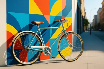 Fototapeta premium Stylish retro bicycle leaning against colorful geometric wall in sunlight, urban street setting with creative artistic background concept. Ai generative