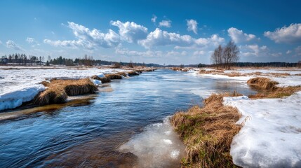 Obraz premium Winter landscape with river and snow under a blue sky with clouds.
