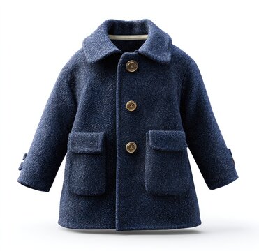 A navy blue children's wool coat, featuring a notched collar, three buttons, and two patch pockets
