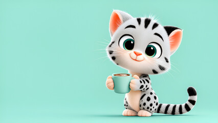 Fototapeta premium Cute funny cat with cup of hot coffee on green background. Cartoon kitten holds cappuccino mug and smiles. Illustration with copy space
