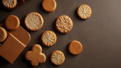 Fototapeta premium A top-down view of round gingerbread cookies decorated with white icing in various delicate snowflake and tree patterns on a brown background. Food concept