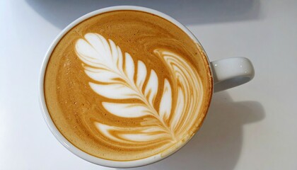 Overhead view of a latte, featuring intricate leaf-like foam art in a white mug