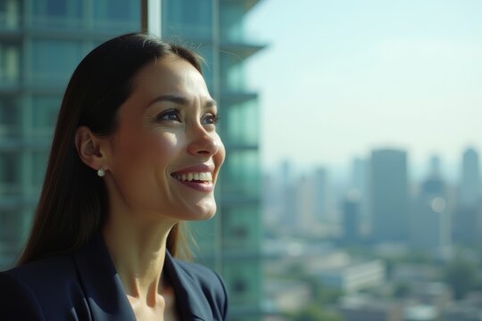 on the successful businesswoman gazing out from her office window at the urban landscape. - Powered by Adobe