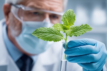 Scientist holding green plant in test tube with gloves.