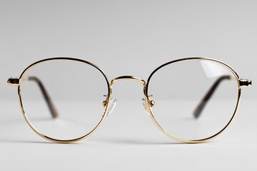 Eyeglasses with gold frame on white background.
