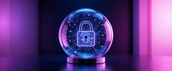Abstract cyber protection theme, glowing 3D digital lock in glass, dark purple–pink gradient left wall, shimmering reflections, clean minimalist network style.