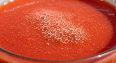 Close-up of vibrant tomato juice, foamy texture