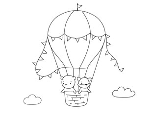 Illustration for coloring book. Hot air balloon with cute baby animal. Bear and fox outline sketch