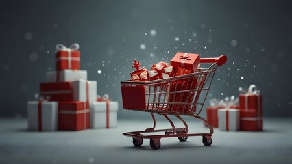 A red toy shopping cart filled with wrapped christmas gift boxes, surrounded by festive snowflakes and decorative elements. Holiday concept