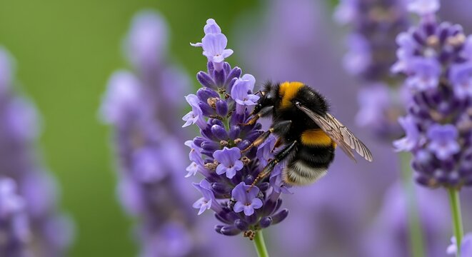 A bumblebee pollinating a lavender flower in a garden.