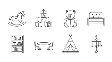 Nursery and child's room furniture and toys line art icons set vector © Pias