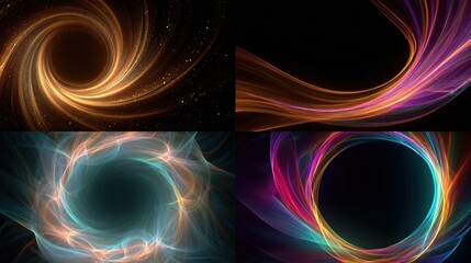 Four abstract compositions with vibrant, glowing streams of light swirling around a black void