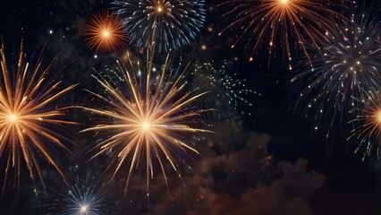 Fototapeta premium A grand display of multiple colorful fireworks exploding in a dark blue night sky during a festive celebration. Celebration concept