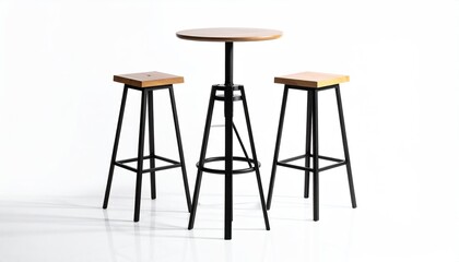 A tall wooden table and two matching stools, all with black metal frames