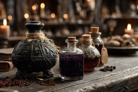 Vintage Apothecary Bottles on Rustic Table with Dim Candlelight for Halloween Decor - Powered by Adobe