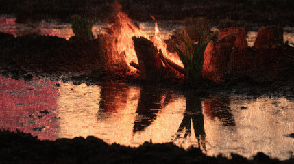 Fire burning on wood with smoke and water reflection in background landscape creating motion and warm atmosphere