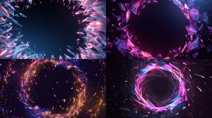Four vibrant circular light displays, featuring shattered crystal-like effects and glowing particle streams against a dark background