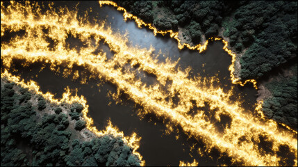 Fire and smoke create motion along water in this dramatic landscape background with forest edges glowing intensely in dark