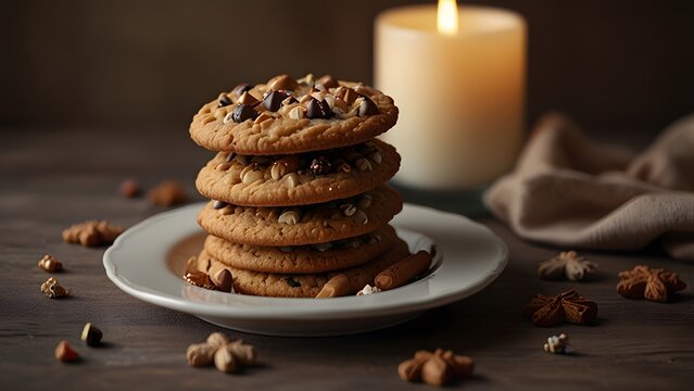 A plate of homemade chocolate chip cookies stacked on a rustic wooden table with glowing candles in a warm and cozy atmosphere. Food concept