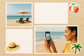 Collage of beach vacation memories with woman taking photo, empty photo frames, and summer icons on wood background as travel concept design.. Ai generative