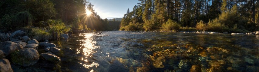 Crystal clear 360-degree hdr panoramic scene of a tranquil river in nature