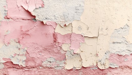 Close-up of a weathered wall with peeling pink and beige paint, revealing underlying brickwork and texture