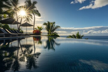 Luxury escape beckons with infinity pool overlooking the ocean at a stunning resort, promising relaxation and tropical vibes with sunlit palm trees