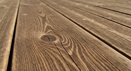 Close-up view of weathered, horizontal wooden planks.  The wood grain is visible, with knots and imperfections.  A perspective shot shows planks running diagonally across the image