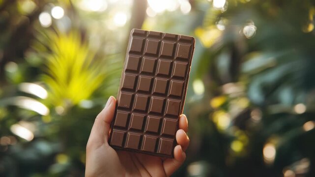 Woman's hand holding a large artisanal dark chocolate bar amid lush tropical foliage, sunlight filtering through leaves to create warm bokeh and natural, gourmet appeal