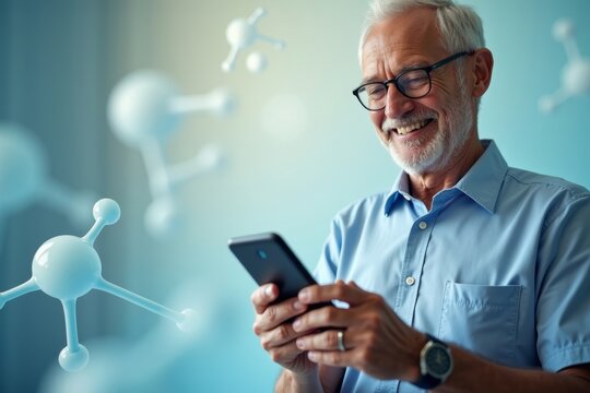 Modern Innovation: Elderly Man Smiling with Continuous Glucose Monitor and Smartphone App Interface on Display amidst Glucose Molecule Gradient Background