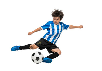 Naklejka premium Young boy playing soccer isolated on transparent background