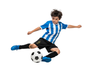 Young boy playing soccer isolated on transparent background