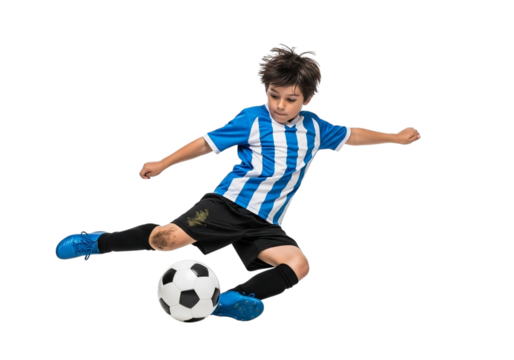 Young boy playing soccer isolated on transparent background