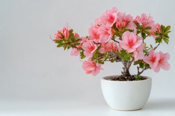 Delicate pink azalea bonsai in a simple white pot against a muted gray background, showcasing its lush blossoms and meticulously pruned branches