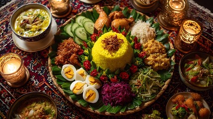 Fototapeta premium Vibrant Dishes: Rendang, Satay, Nasi Tumpeng & Soto ,bakso