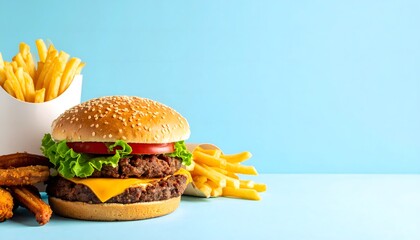 A double-patty cheeseburger and two containers of french fries with onion rings are arranged on a light pastel blue background. This minimalist concept represents fast food or junk food