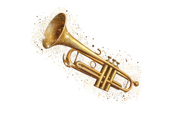 Naklejka premium A Happy New Year golden trumpet with sparkles, isolated on a transparent background.