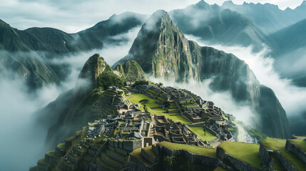 Aerial View of Machu Picchu in Morning Mist