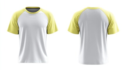 White raglan short-sleeve t-shirt with pale yellow sleeves, shown front and back on a white background