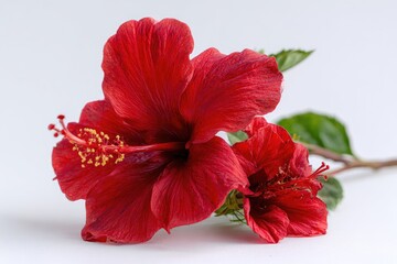 Two vibrant red hibiscus blossoms, one fully opened, the other a bud, lie on a stark white background, showcasing their intricate details and deep color