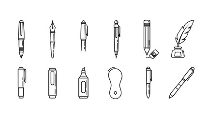 Collection of various hand drawn pens and writing instruments for creative projects vector