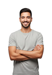 Fototapeta premium A young adult hispanic man in a grey t-shirt, arms crossed, smiling confidently at camera against a transparent background with copy space, isolated full body shot, concept for commercial advertising