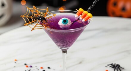 Spooky halloween cocktail with eyeball garnish and spiderweb decoration in martini glass