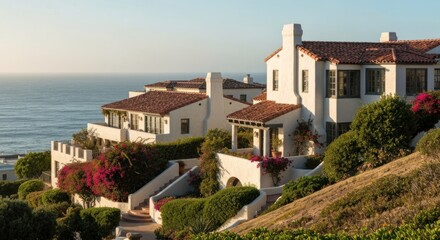 Coastal homes with terracotta roofs, set on a hillside overlooking the ocean