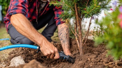 Man Watering Young Tree in Garden with Hose, Nurturing Plants and Ensuring Growth in Sunny Outdoor Environment