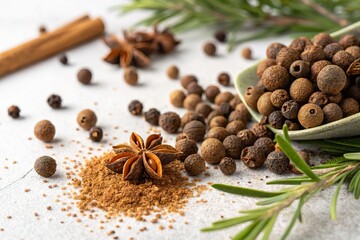 Fototapeta premium A close-up view of various spices including star anise, allspice, and cinnamon sticks on a textured surface, surrounded by fresh herbs