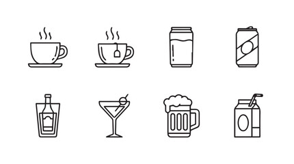 Collection of diverse beverage icons featuring coffee tea cans cocktails beer and juice boxes vector